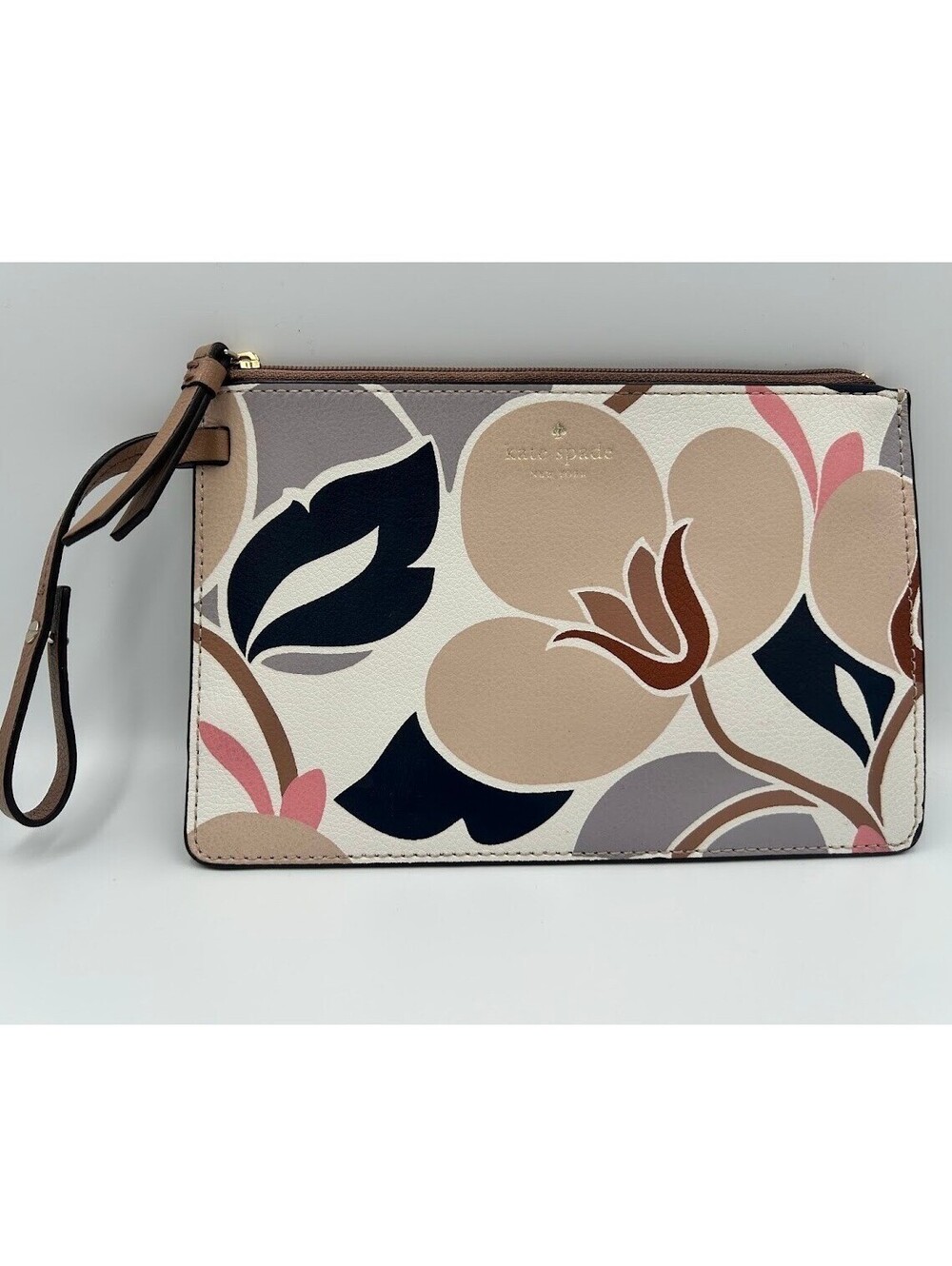 Kate Spade New York Floral Wristlet Pouch Tan Pink Navy